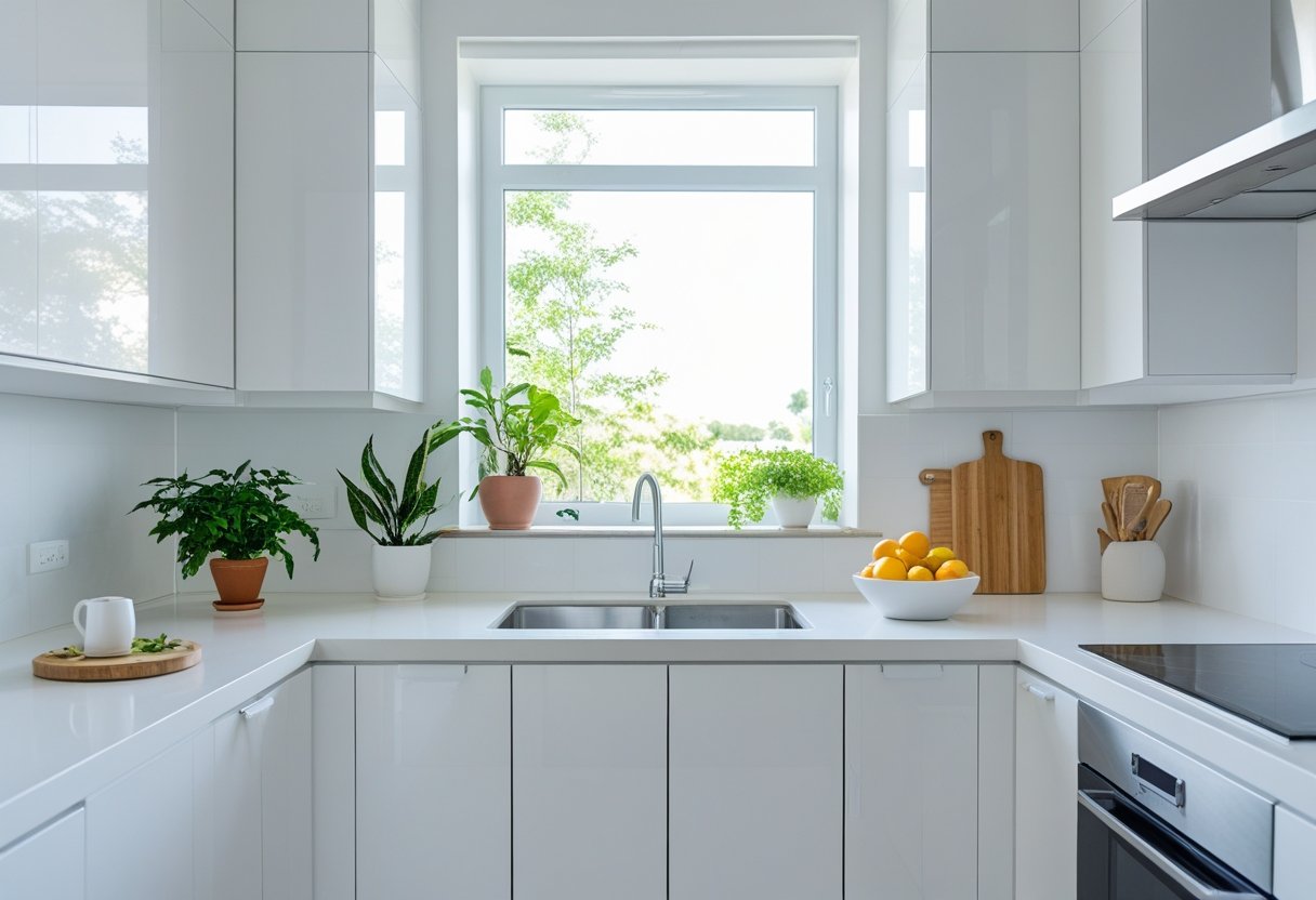 A modern kitchen with a clean, uncluttered countertop and a few neatly arranged items like a plant, cutting board, and bowl of fruit.