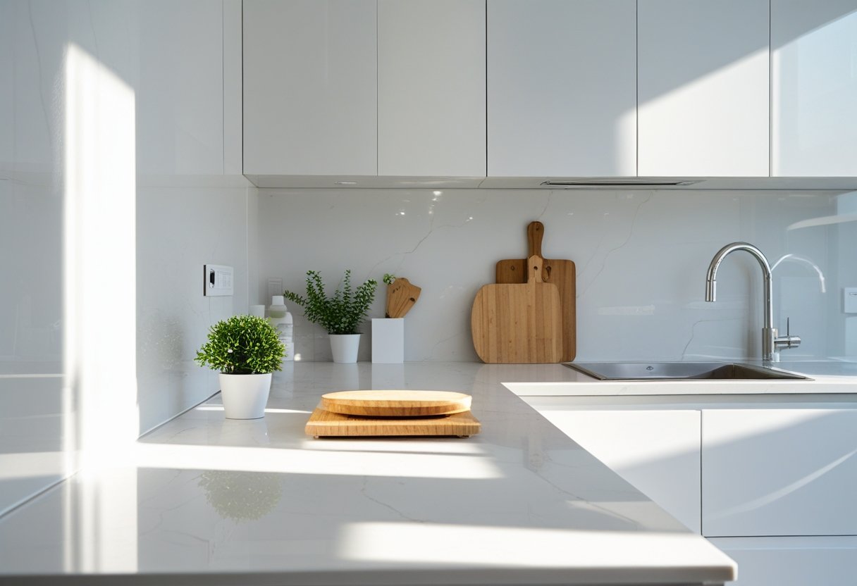 A clean, organized modern kitchen countertop with minimal items and natural light.