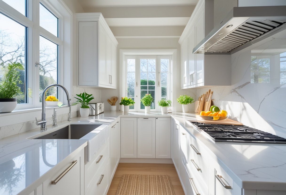 A clean, bright kitchen with spotless countertops, white cabinets, and neatly arranged minimal items like a potted plant and bowl of fruit.