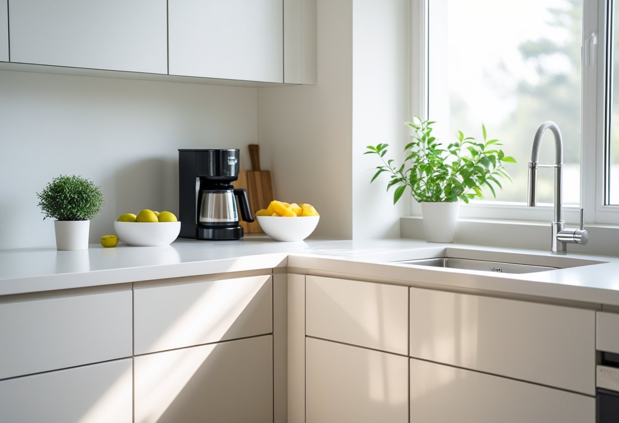 A clean and organized kitchen countertop with a few neatly arranged items and natural light coming through a window.