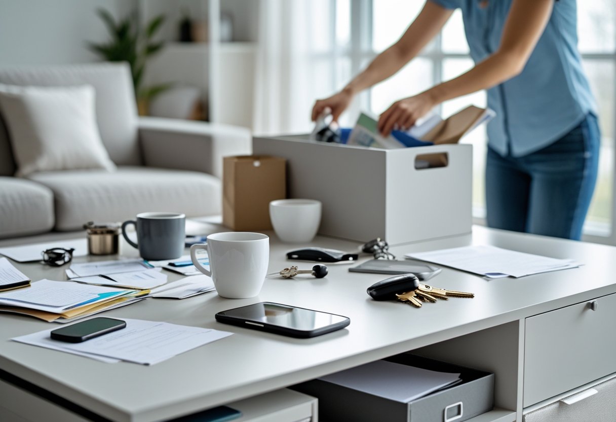 A cluttered desk with papers and mugs being organized by a person in a bright room.