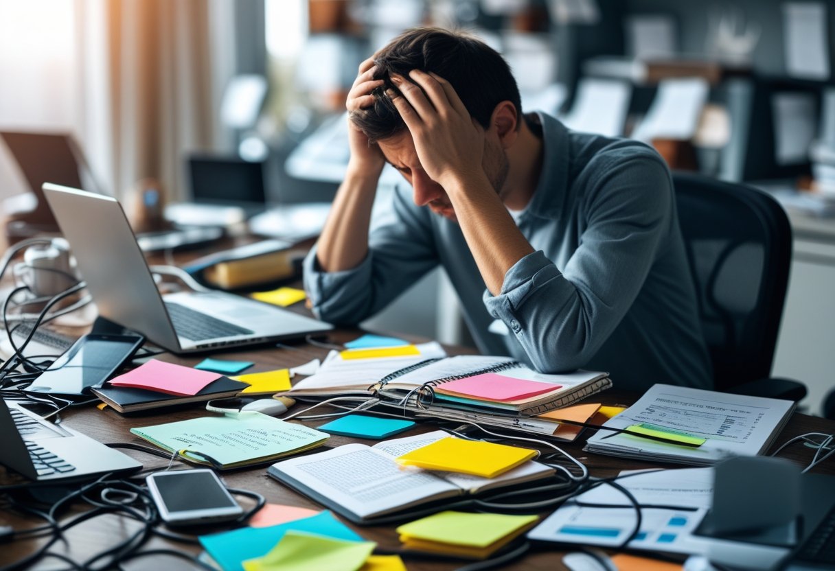 A person sitting at a cluttered desk filled with papers, sticky notes, and electronic devices, looking stressed and overwhelmed.