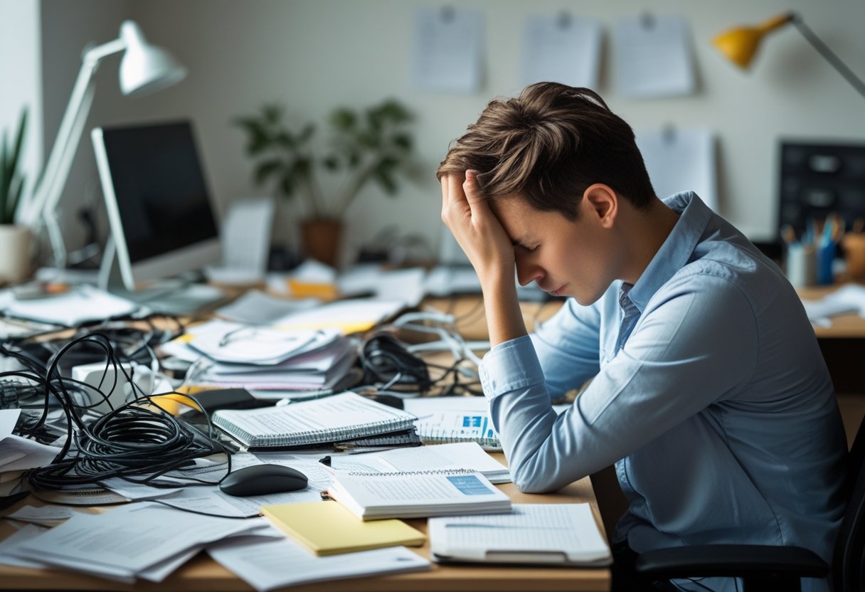 A person sitting at a cluttered desk with a stressed expression, surrounded by scattered papers and office supplies.