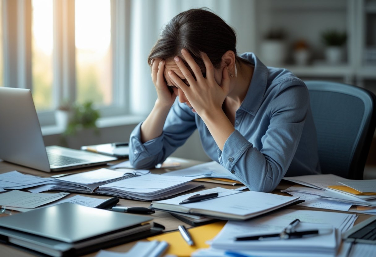 A person sitting at a cluttered desk, holding their head in their hands, looking stressed and overwhelmed.