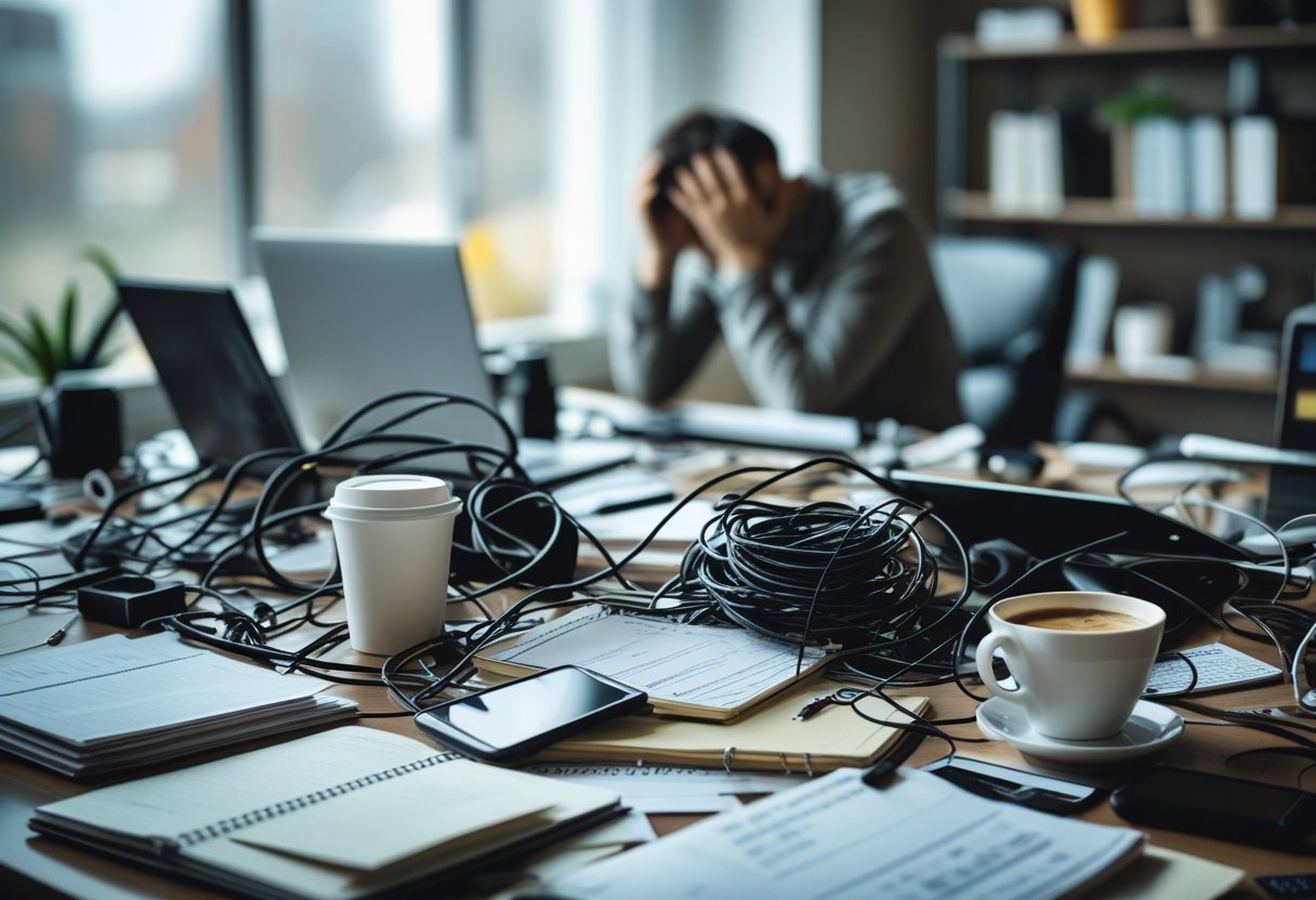 A cluttered desk with scattered papers and electronic devices, and a person in the background holding their head in frustration.