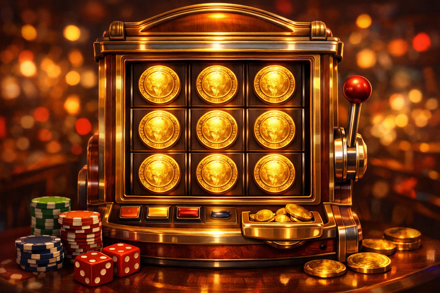 A Classic Slot Machine With Nine Golden Coins Arranged In A Grid On Its Reels, Surrounded By Casino Elements Like Poker Chips And Dice.