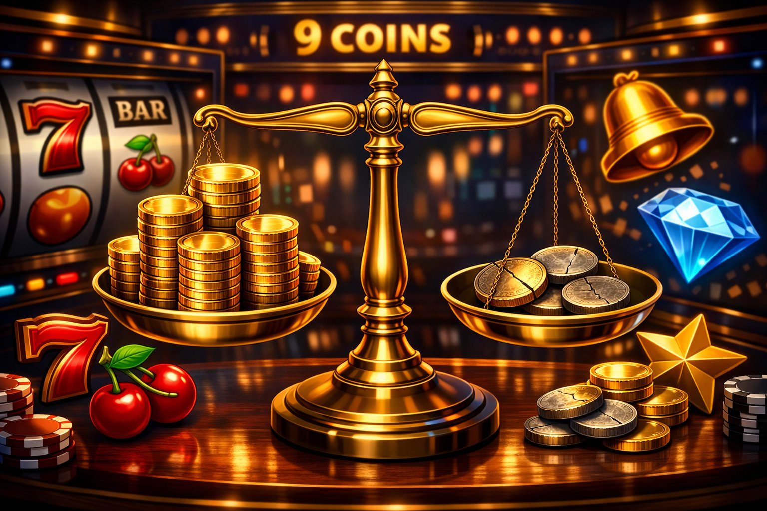 A Balanced Scale With Golden Coins On One Side And Cracked Or Faded Coins On The Other, Surrounded By Slot Machine Symbols And Elements Representing A Casino Game.