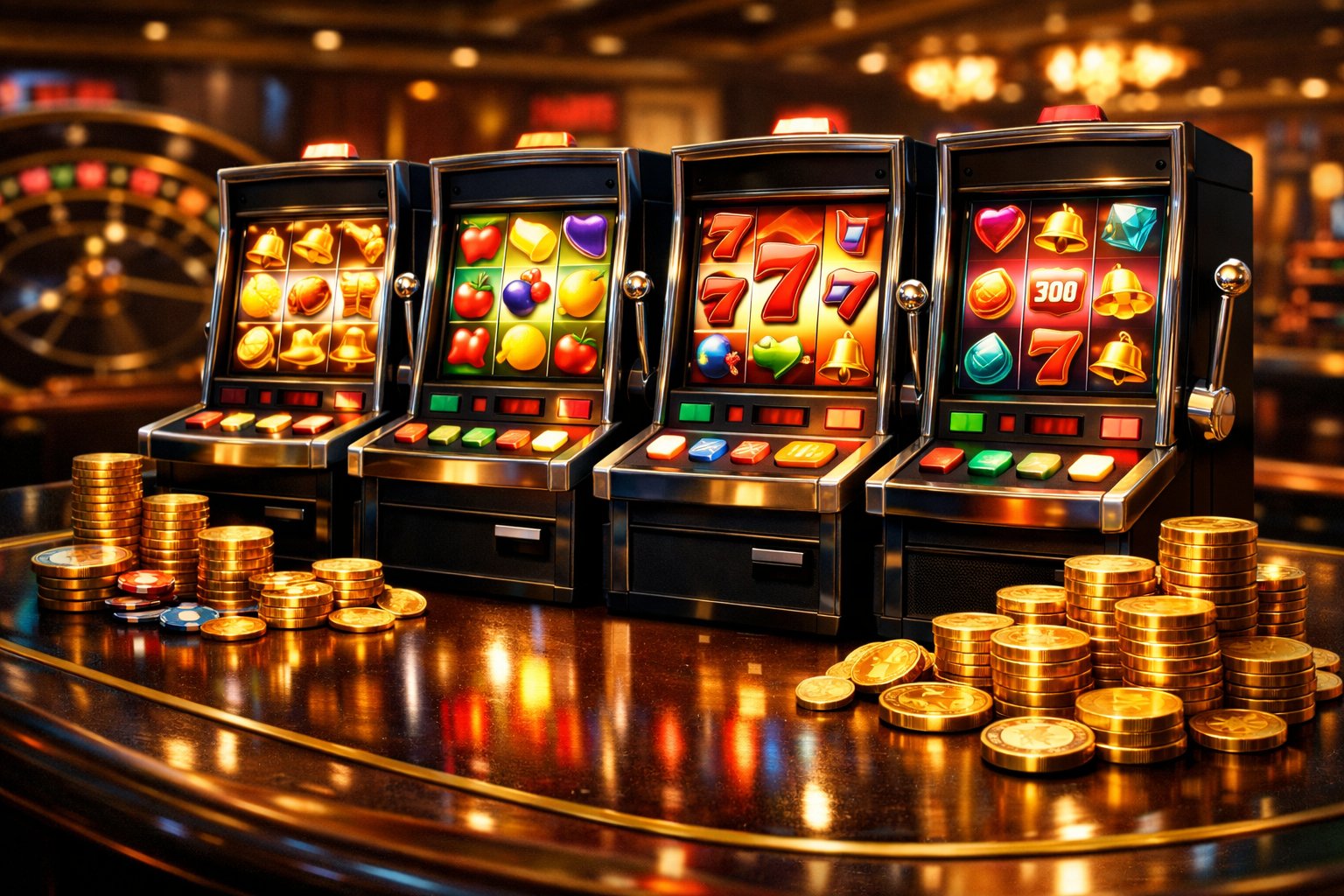 A Casino Table With Several Colorful Slot Machines Displaying Game Symbols And Stacks Of Gold Coins Around Them.