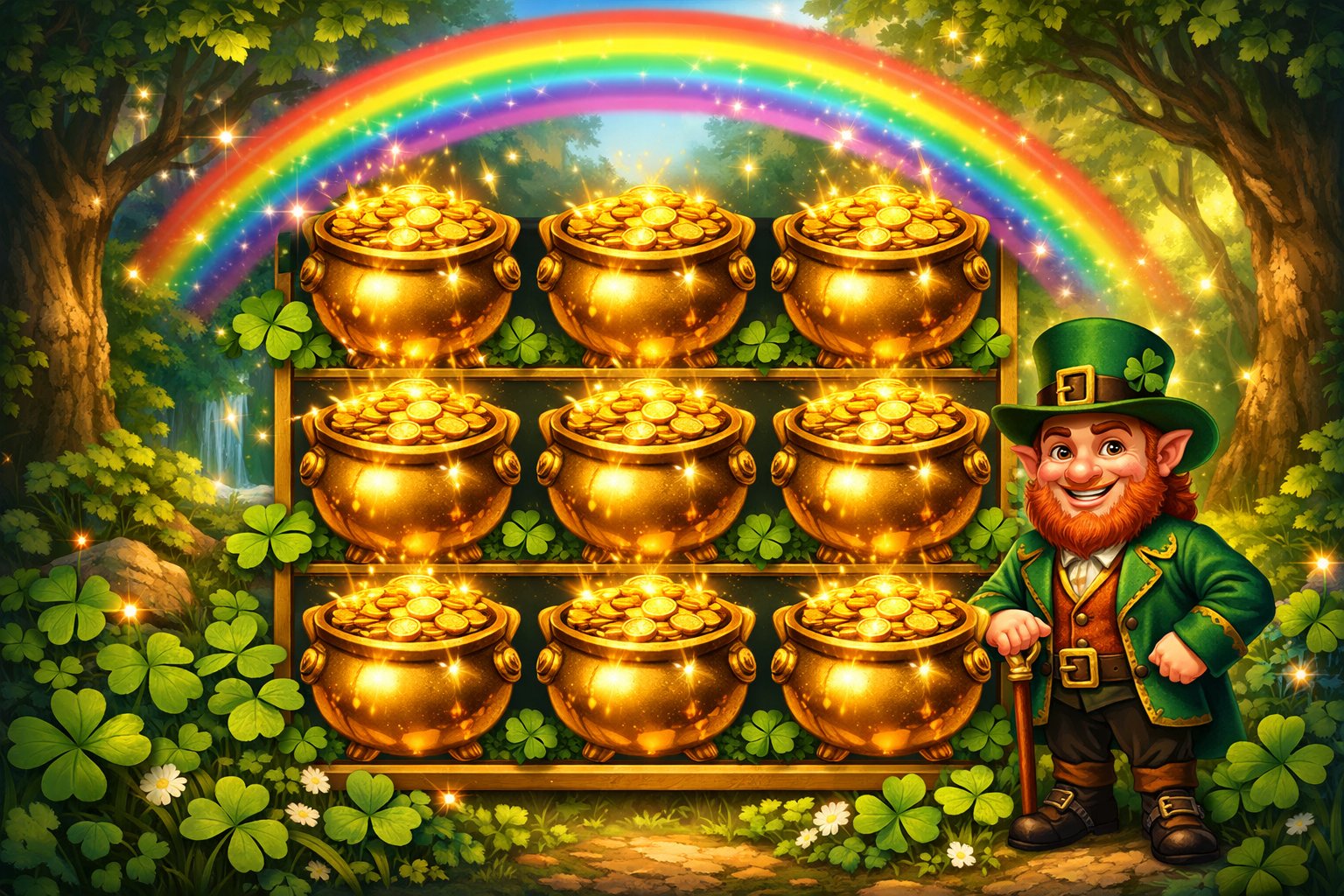 A Slot Machine With Nine Golden Pots Filled With Gold Coins, Surrounded By Clovers, Rainbows, And A Smiling Leprechaun In A Sunny Forest Clearing.