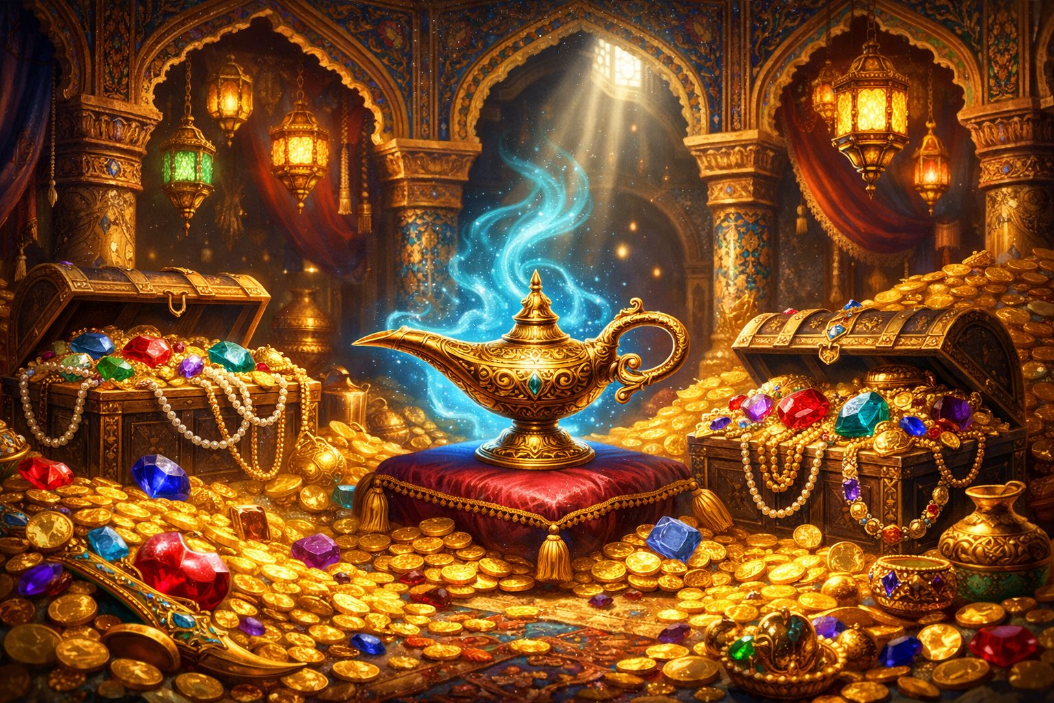 A Treasure Chamber Filled With A Glowing Golden Lamp, Piles Of Gold Coins, Jewels, And Ornate Middle Eastern Decorations.