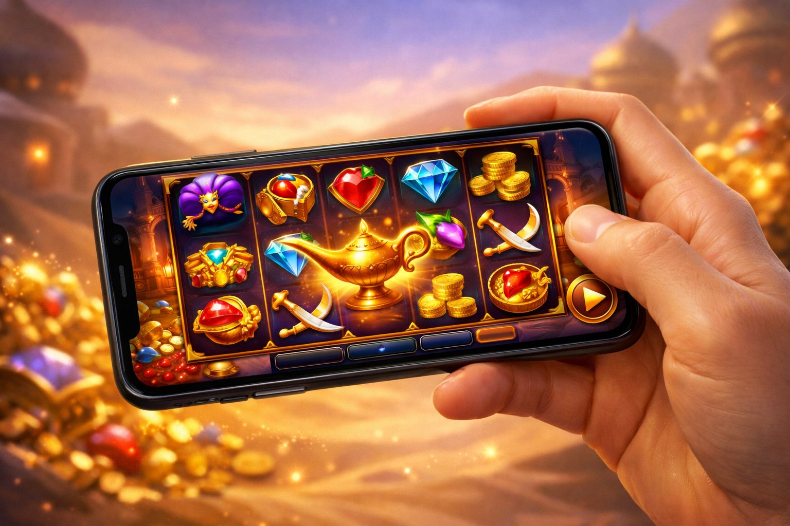 A Hand Holding A Mobile Device Displaying A Colorful Slot Game With TreasureThemed Symbols And A Glowing Magical Background.