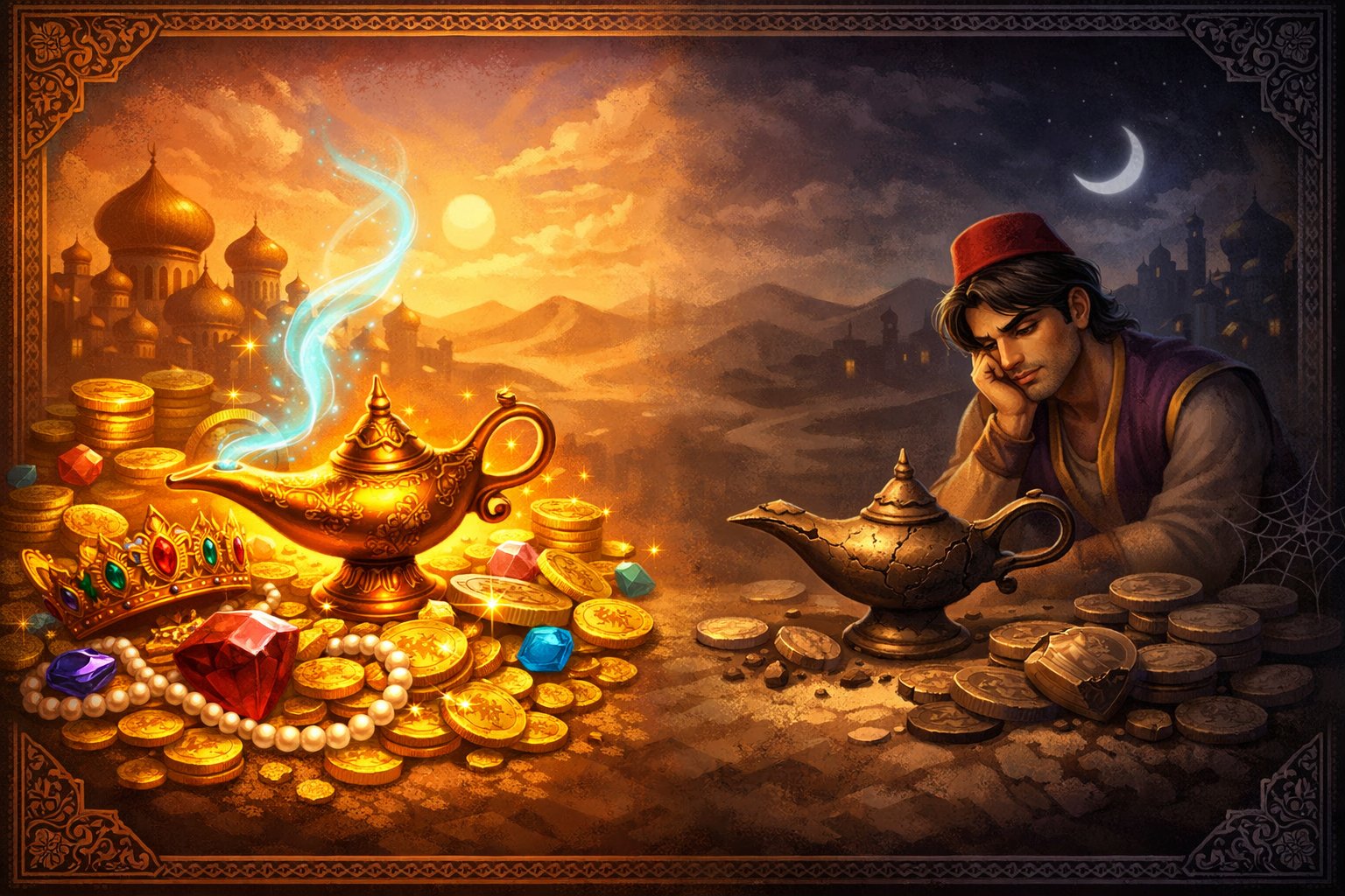 A Balanced Scene Showing Golden Treasures And A Magic Lamp On One Side And Subtle Shadows With A Cracked Lamp On The Other, Set Against A Desert Night Background.