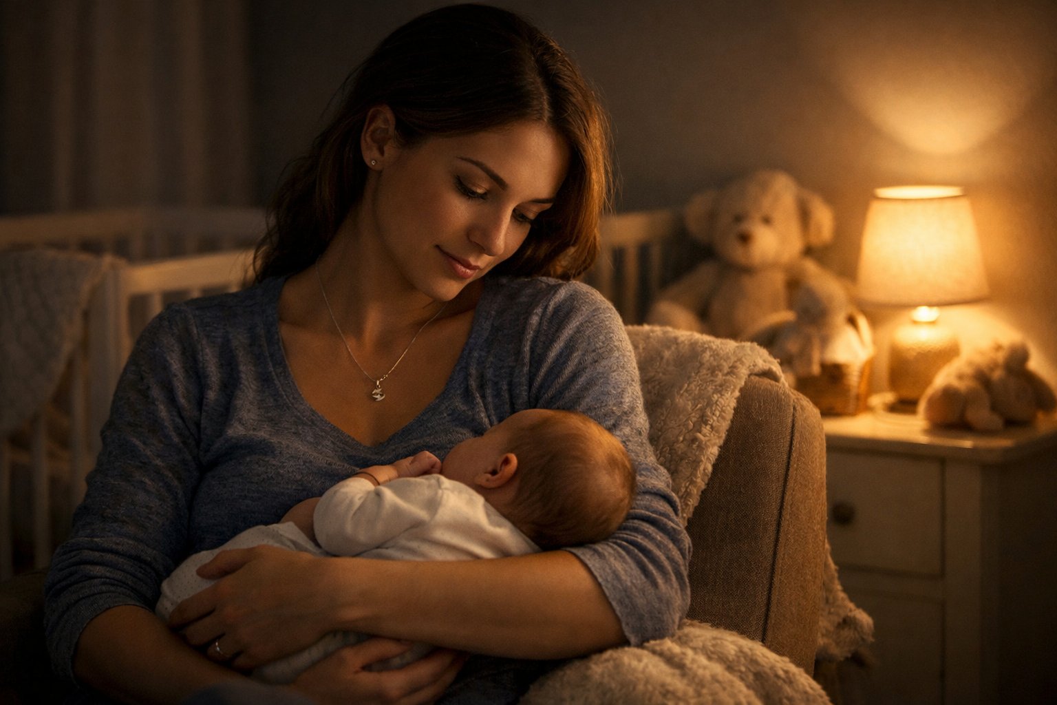 A mother holding her baby in a softly lit nursery at night, wearing a necklace, looking thoughtful and calm.