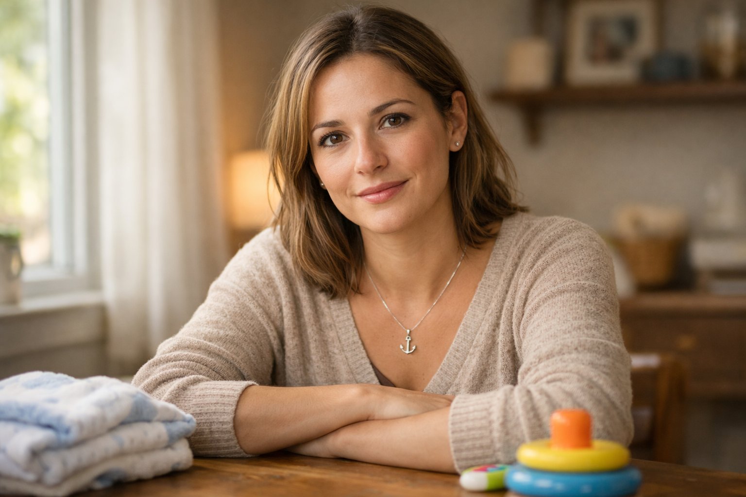 A solo mother sitting at a table near a window wearing a necklace with an anchor pendant, surrounded by subtle signs of motherhood.