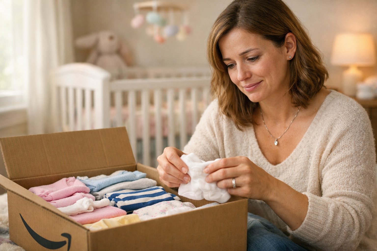 A woman sits in a nursery, folding and packing newborn clothes into a storage box, with tears in her eyes and wearing a delicate necklace.