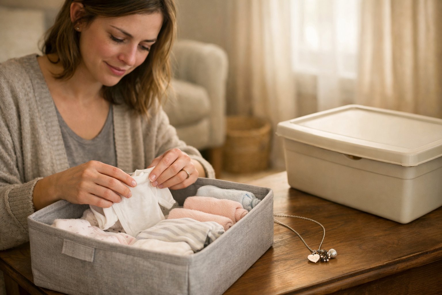 A young mother packing newborn clothes into a storage box with a delicate necklace nearby, showing an emotional moment in a softly lit nursery.