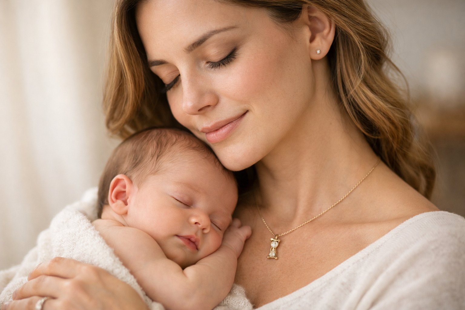 A young mother gently holding her newborn baby close, wearing a delicate necklace with a small charm.