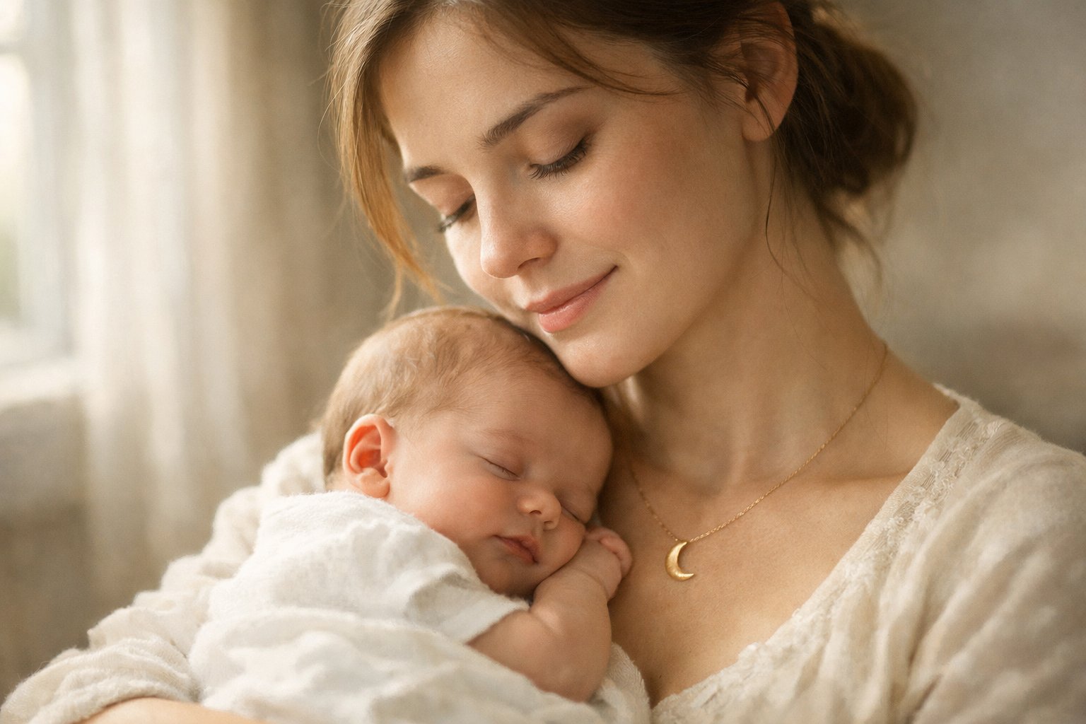 A mother gently holding her newborn baby, wearing a delicate necklace, in a softly lit room.