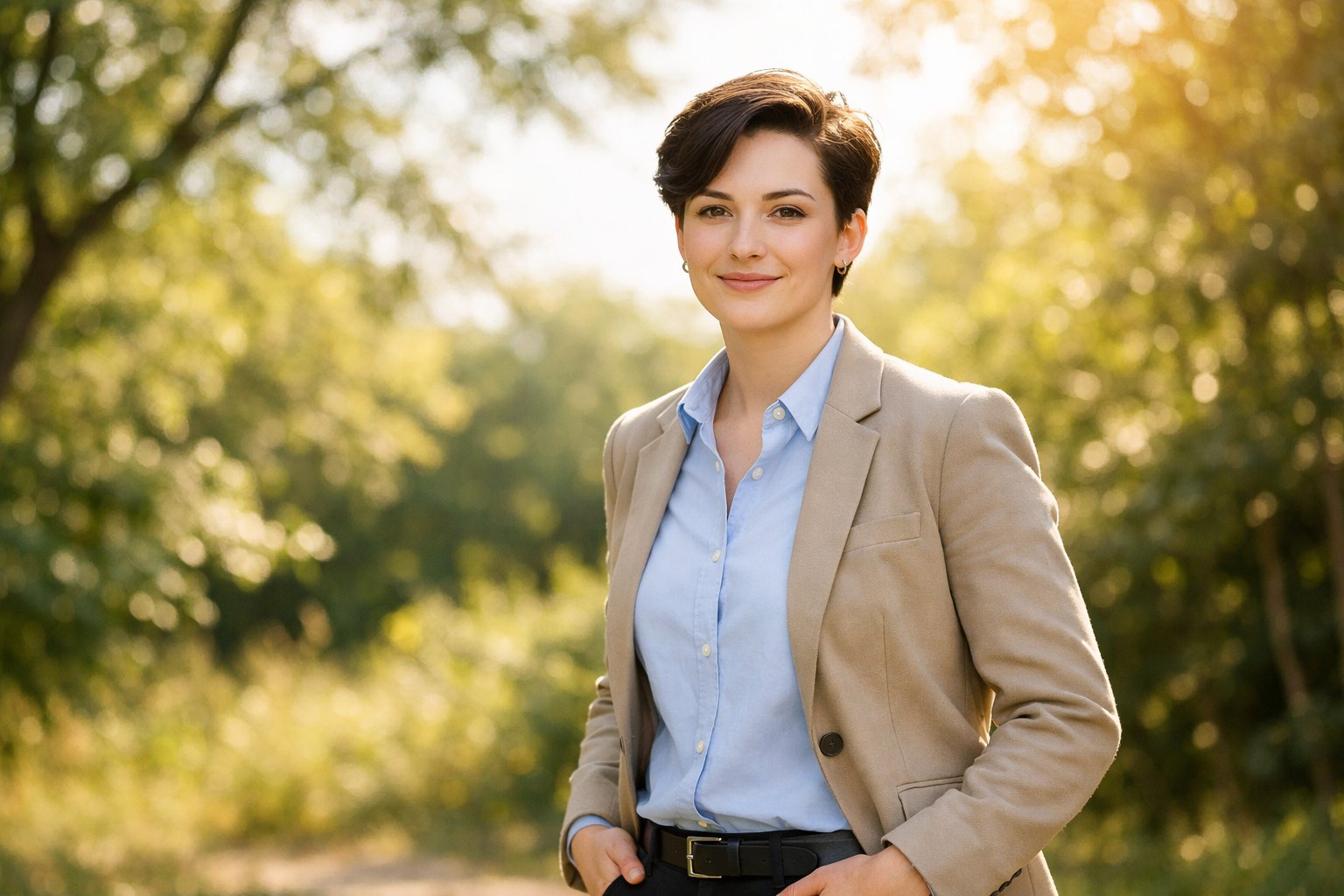 Osoba koja stoji vani s osmijehom i samouvjerenim držanjem, okružena prirodom i sunčevom svjetlošću.