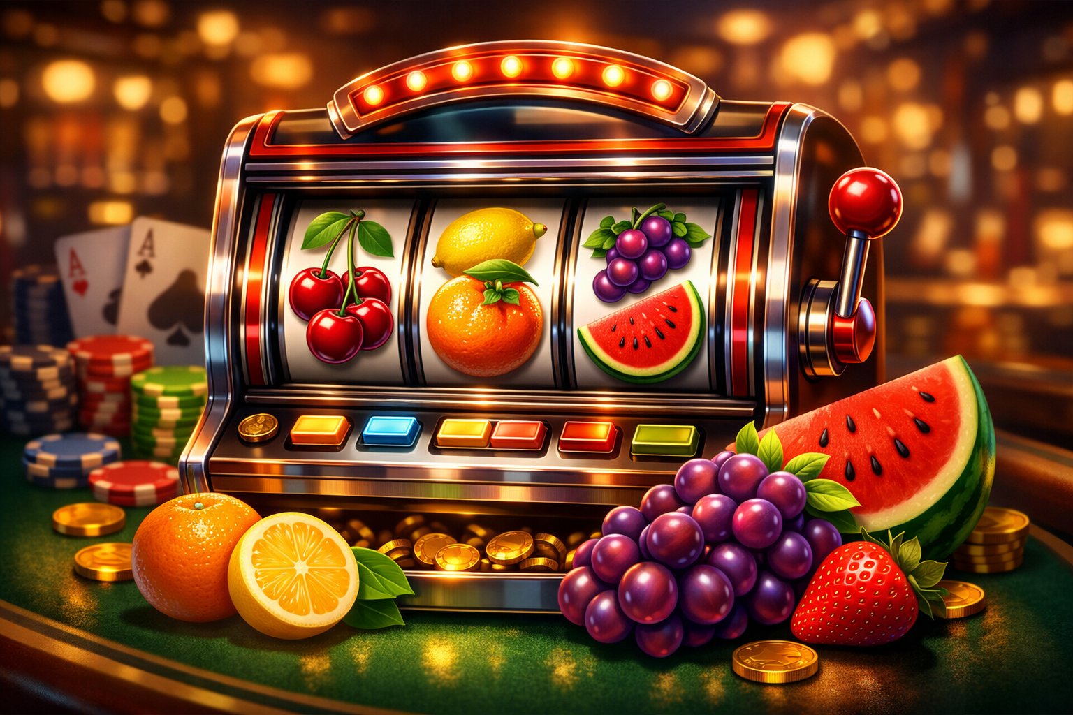 A Colorful Slot Machine With Fruit Symbols On Its Reels Surrounded By Casino Elements Like Poker Chips And Playing Cards.