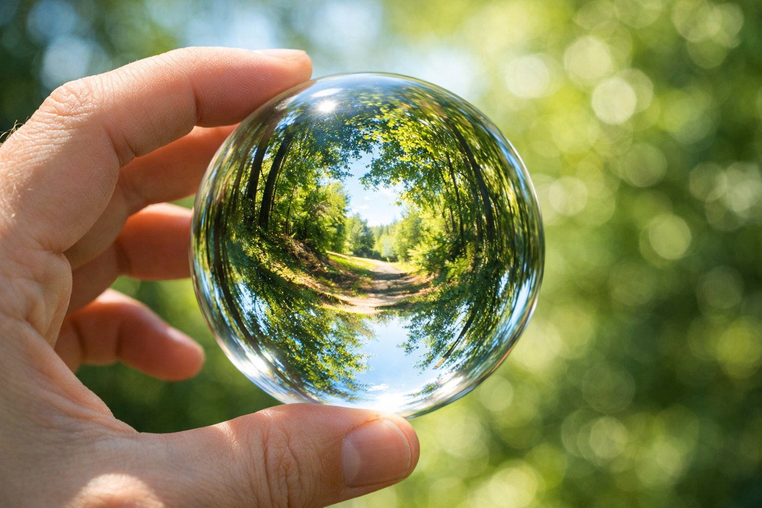 Ruka drži prozirnu staklenu kuglu koja iskrivljuje i savija pozadinu s zelenilom i svjetlom.