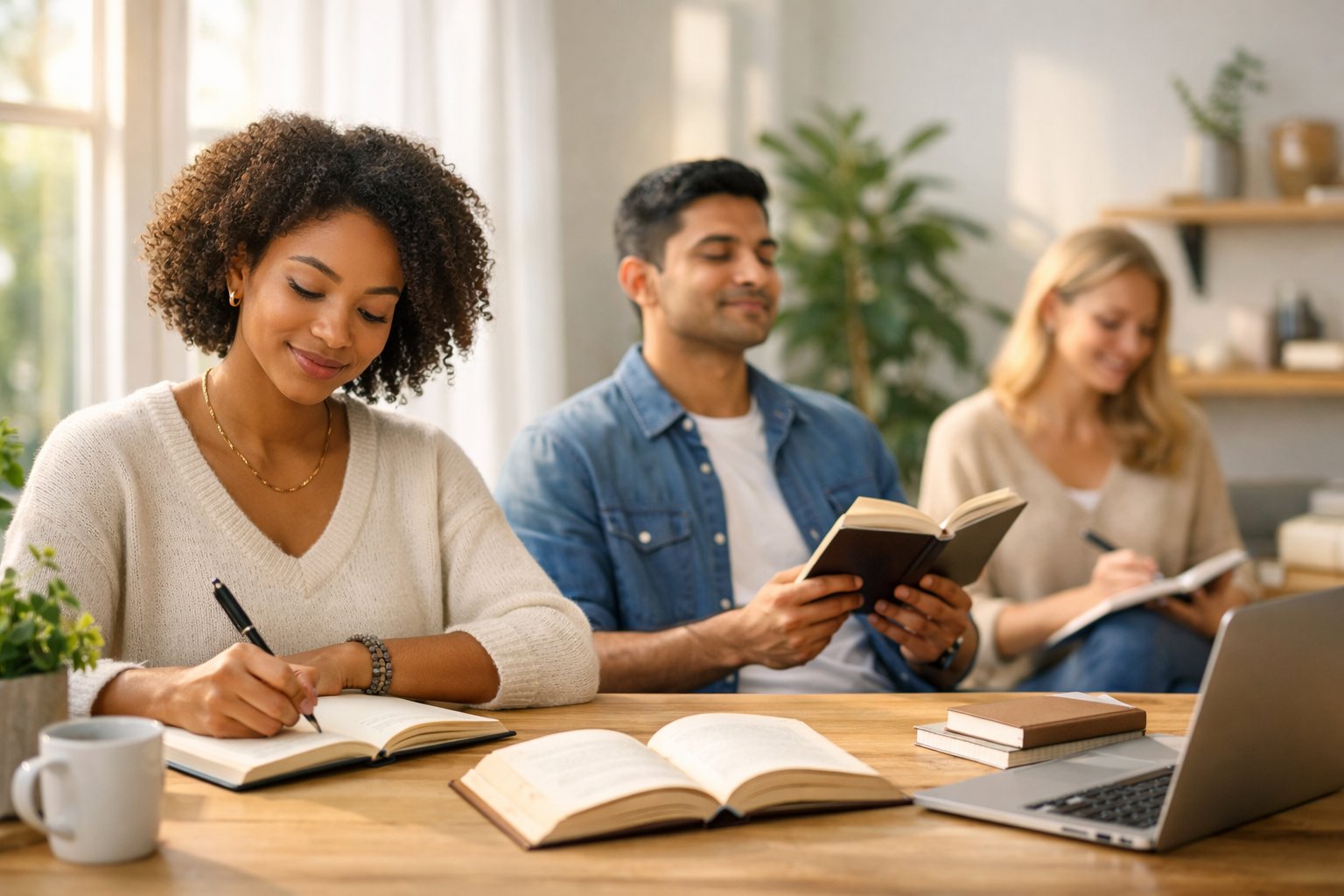 Ljudi različitih dobi i etničkih pripadnosti u svijetlom prostoru čitaju i pišu, pokazujući samopouzdanje i koncentraciju.