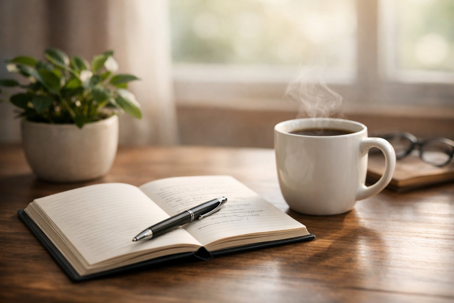 Radni stol s otvorenom bilježnicom, olovkom, šalicom kave i malim zelenim biljkama uz prozor.