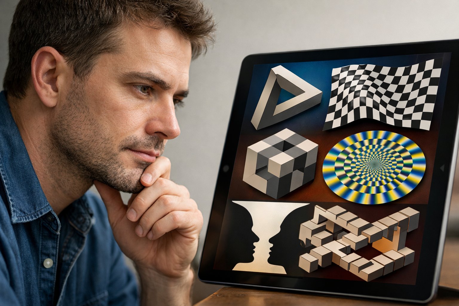 Osoba koja promatra optičku iluziju na digitalnom zaslonu s izraženim zanimanjem.
