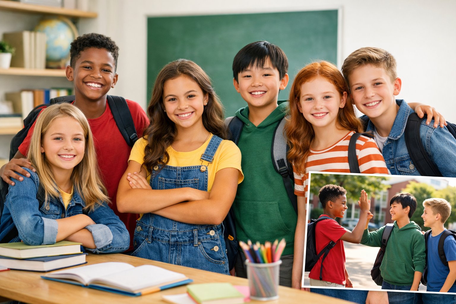 Grupa samouvjerenih djece i tinejdžera u školi, kako se prijateljski druže i smješkaju.