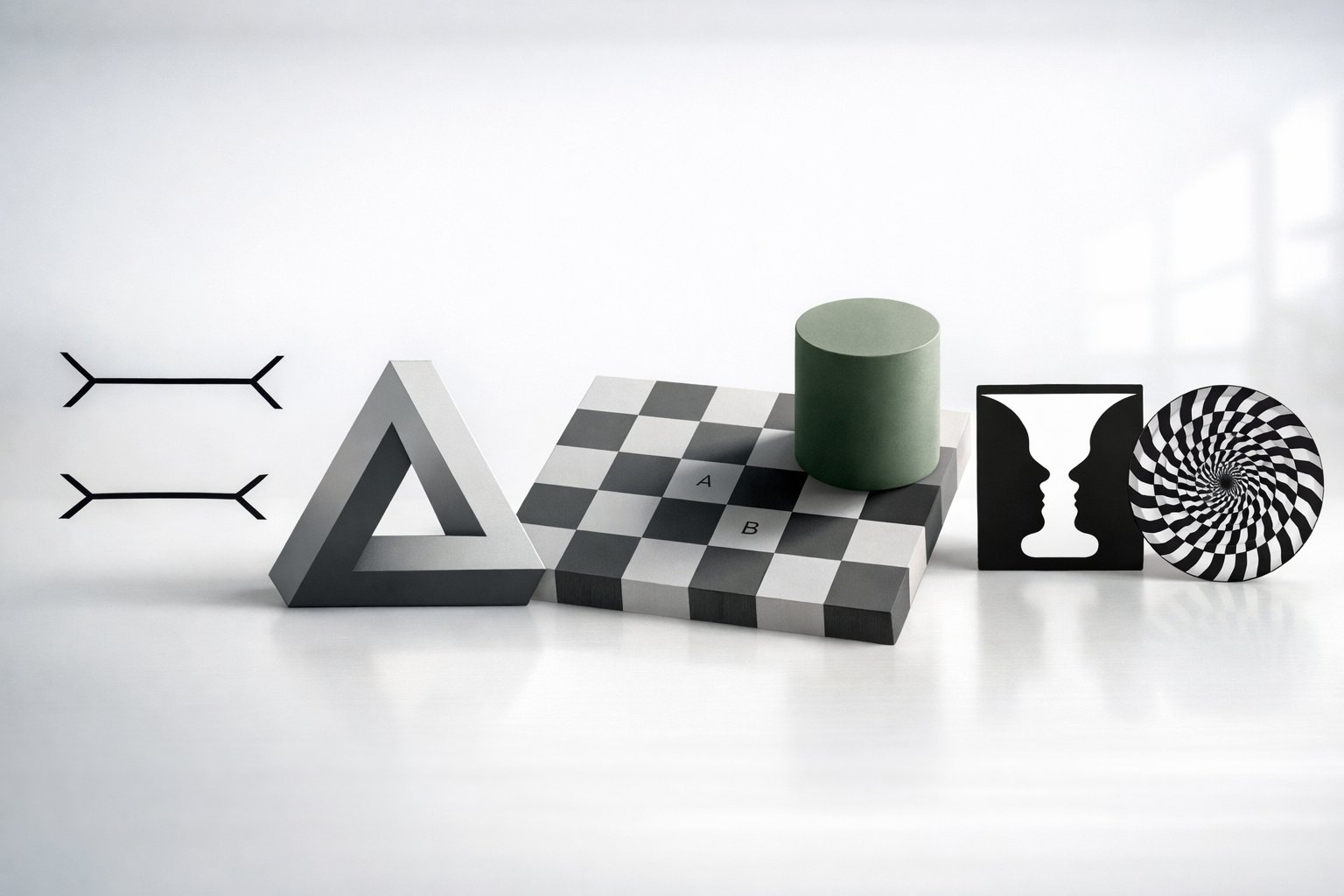 Prikaz nekoliko različitih optičkih iluzija postavljenih jedna pored druge na neutralnoj pozadini.