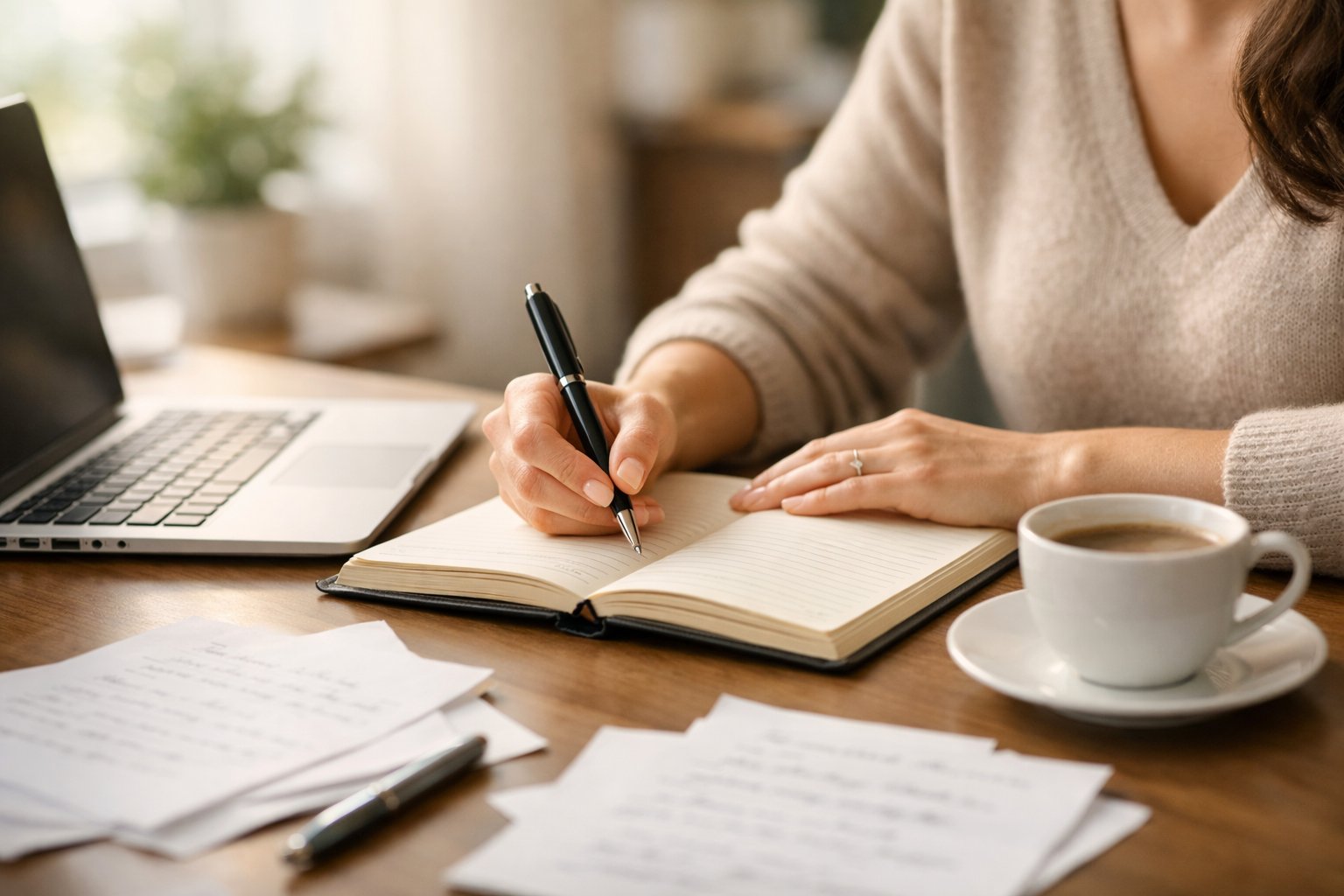 Osoba za stolom piše u bilježnicu u svijetlom i mirnom radnom prostoru.