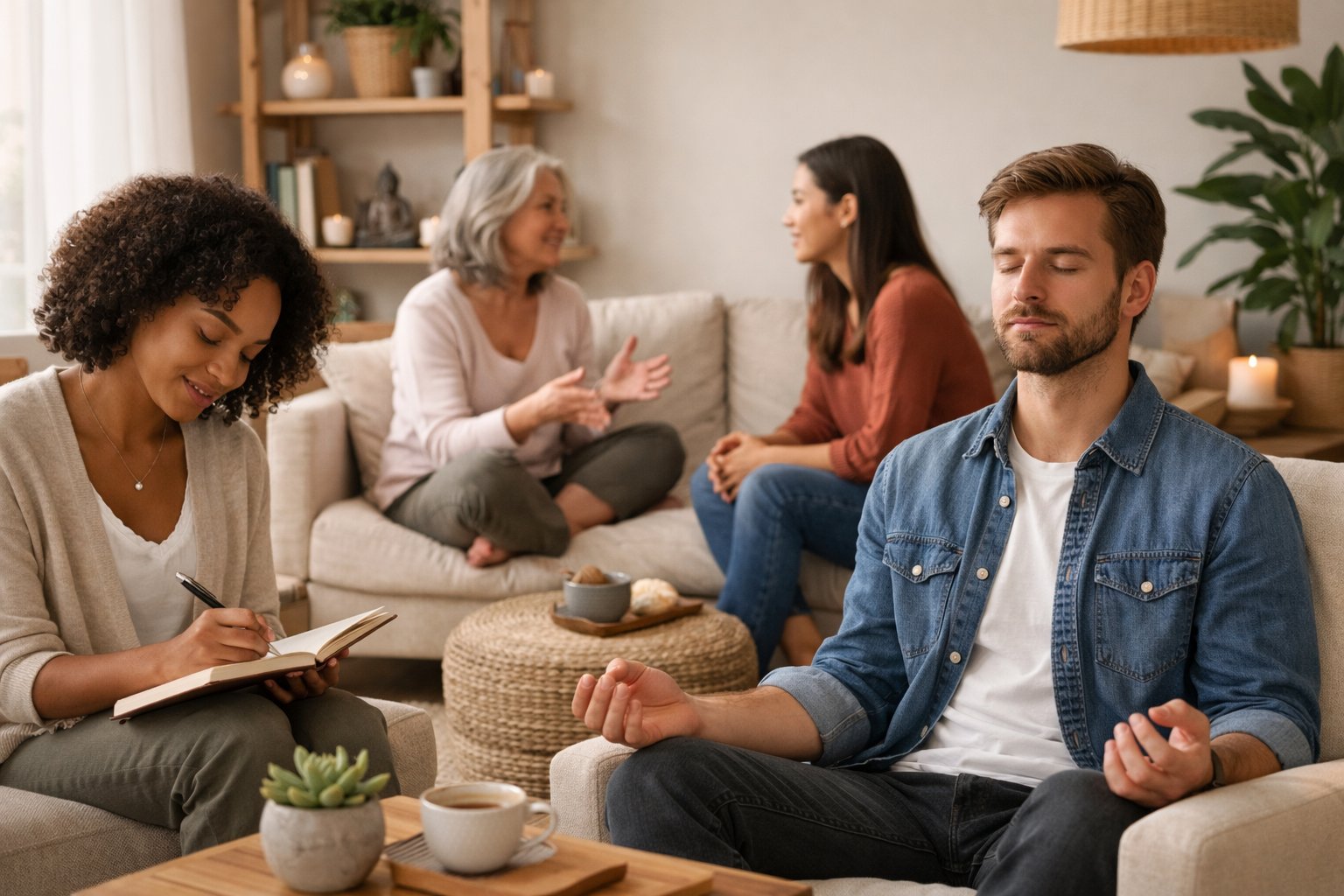 Ljudi u dnevnoj sobi ili uredu razmišljaju, razgovaraju i bilježe misli, stvarajući mirnu i poticajnu atmosferu.