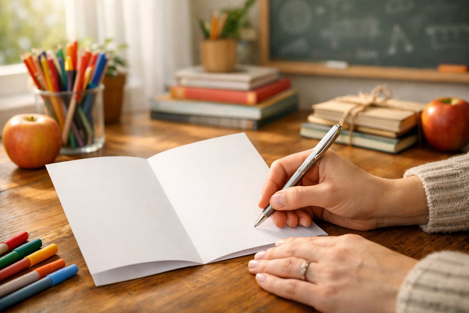 Osoba piše poruku ili čestitku za učiteljicu za stolom u svijetlom i urednom prostoru.