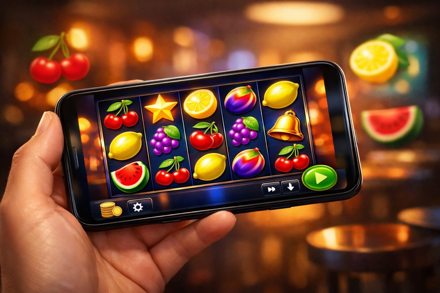 A Hand Holding A Smartphone Showing A Colorful FruitThemed Slot Game Screen.