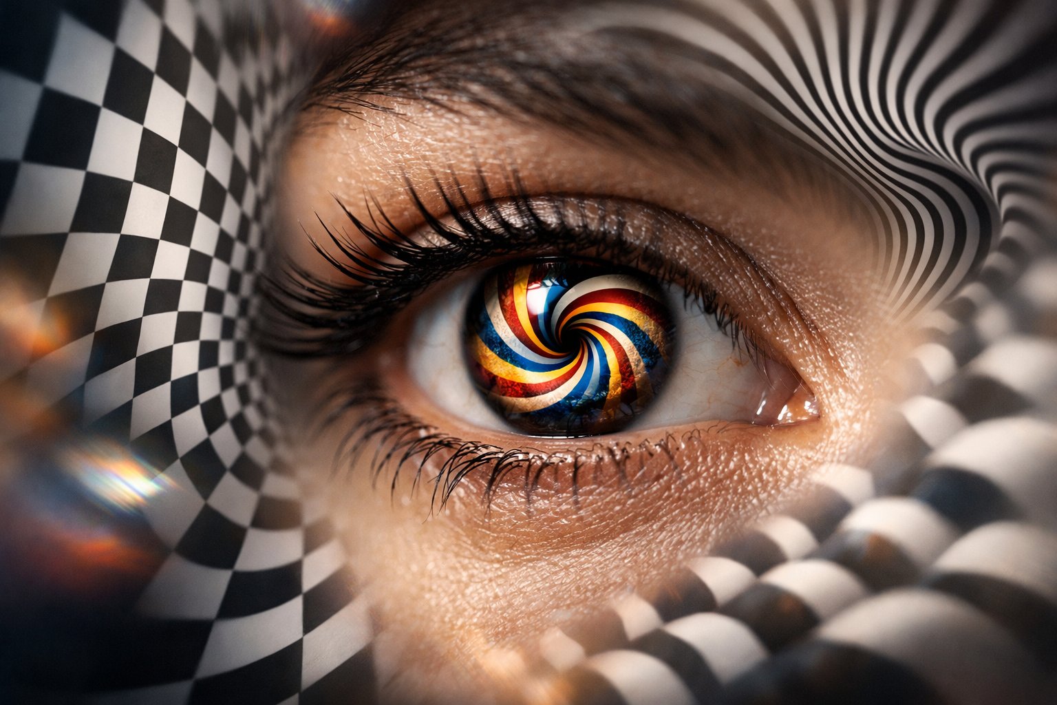 Približan prikaz oka s refleksijom šarene optičke iluzije i apstraktnim geometrijskim oblicima u pozadini.