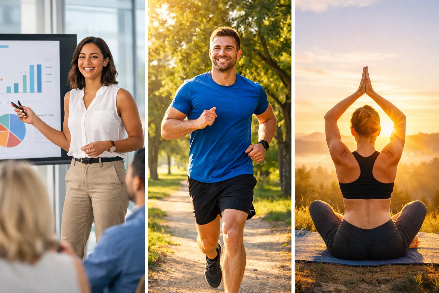 Raznolika skupina ljudi samouvjereno sudjeluje u svakodnevnim aktivnostima poput prezentacije, trčanja i joge na otvorenom.
