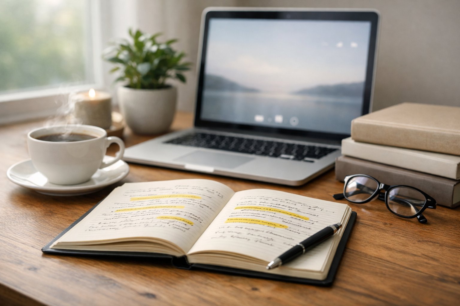 Radni stol s otvorenom bilježnicom, laptopom, šalicom kave i biljkama u mirnom i inspirativnom okruženju.