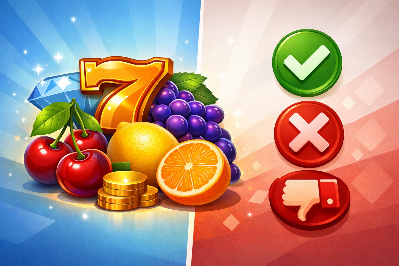 A Balanced Scene Showing Colorful Fruit Symbols On One Side And Green Check Marks And Red Crosses On The Other, Representing The Pros And Cons Of A Slot Game.
