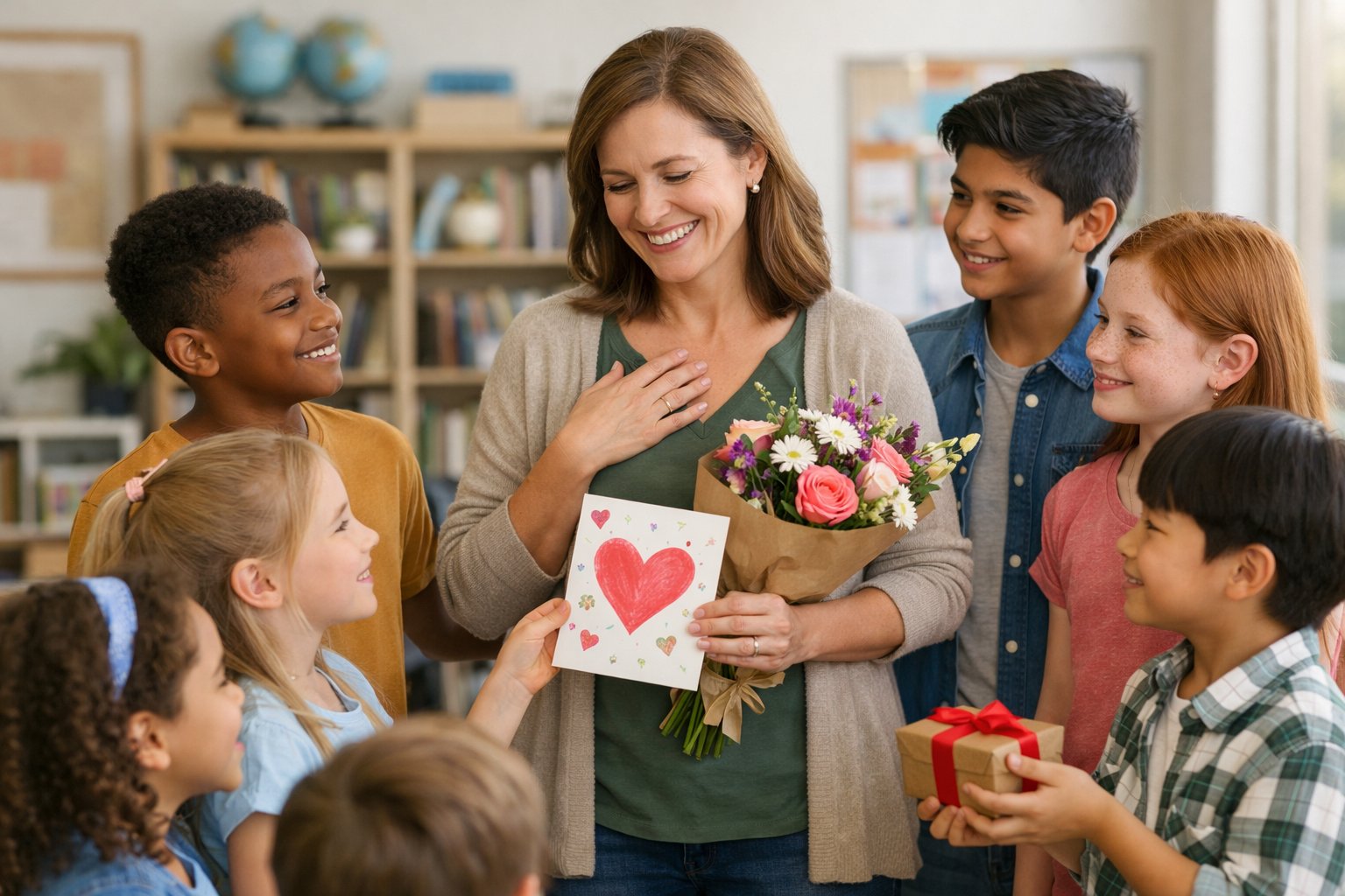 Učiteljica prima poklon od djece u učionici, svi su nasmijani i okruženi školskim materijalima.