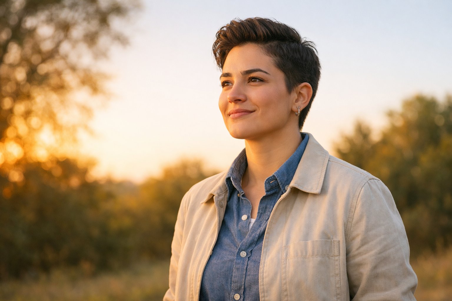 Mladi odrasli stoji vani u prirodi, smiješi se i gleda u daljinu s osjećajem samopouzdanja.