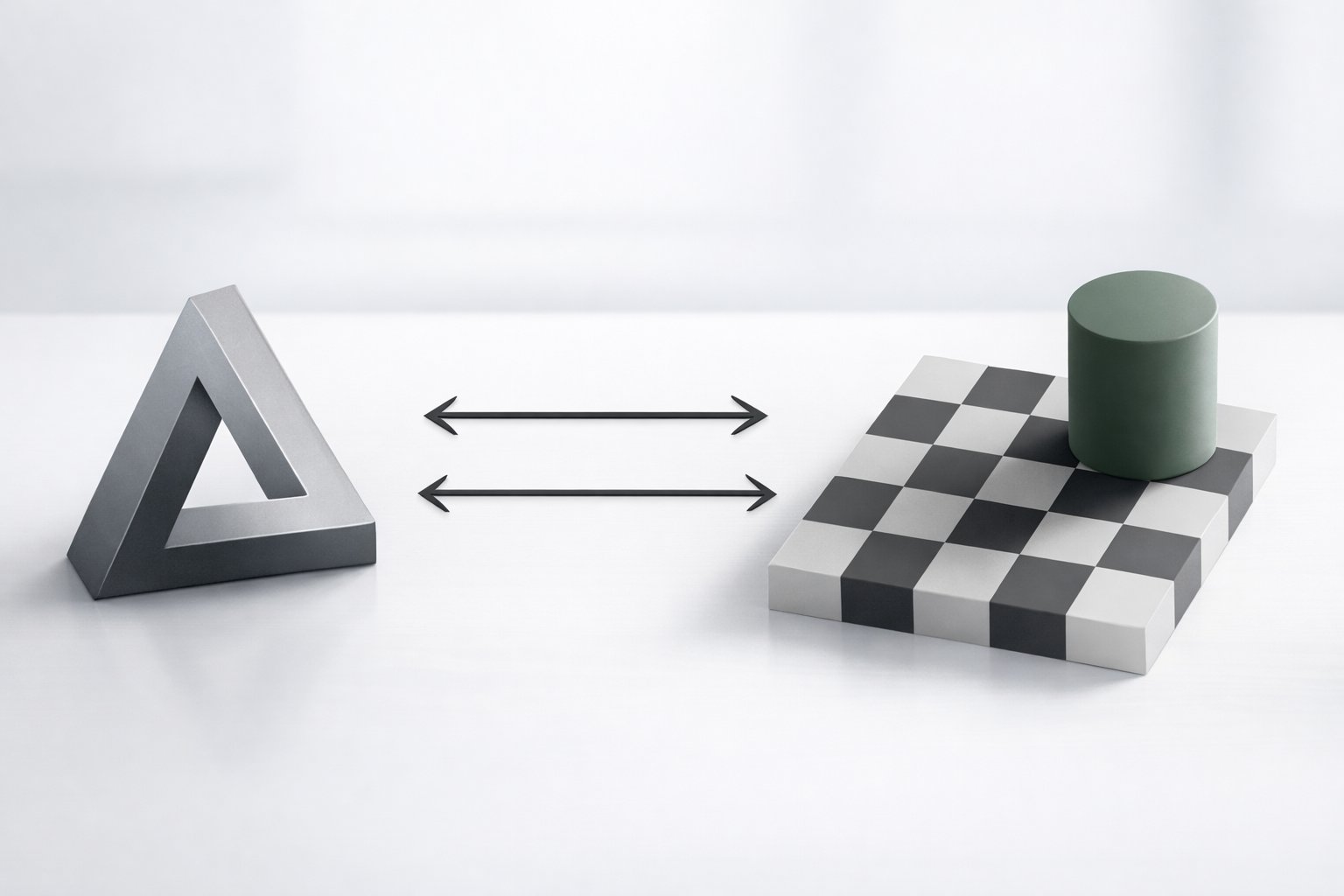 Prikaz nekoliko poznatih optičkih iluzija na bijeloj pozadini koje zbunjuju percepciju oka.