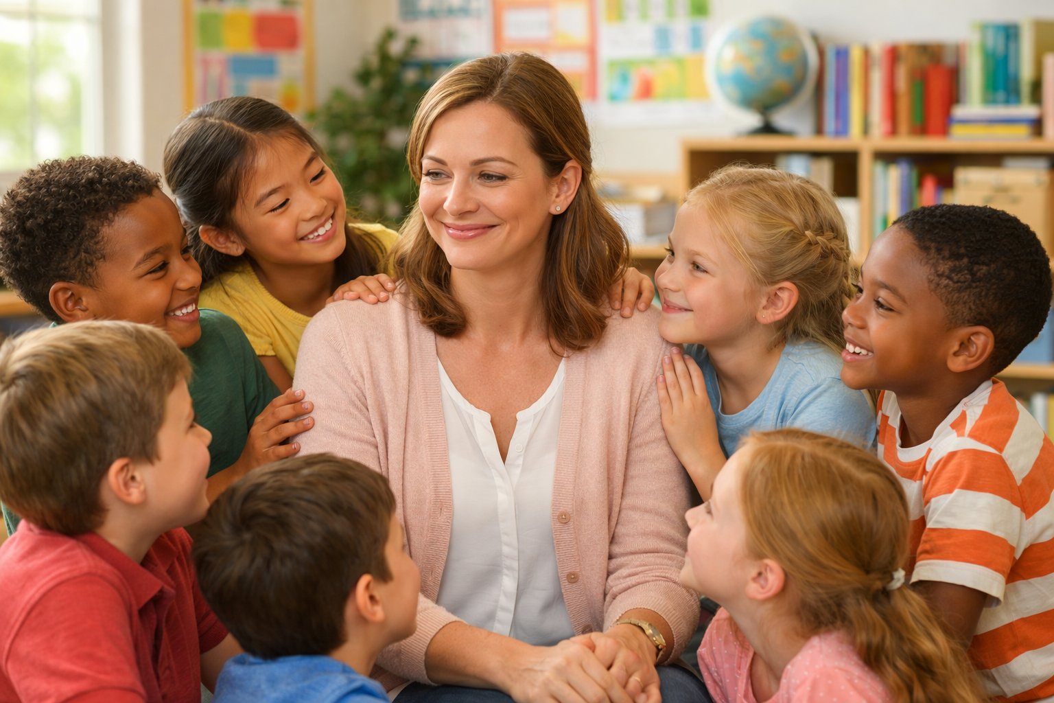 Učiteljica okružena djecom u razredu, svi se smiju i pokazuju prijateljstvo i poštovanje.