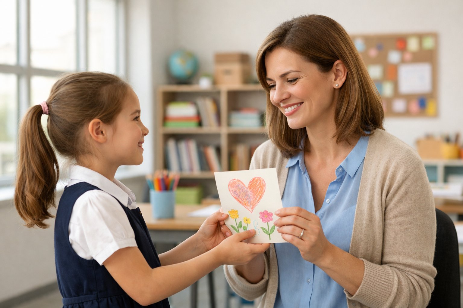 Učiteljica prima zahvalnicu od učenice u svijetloj učionici.