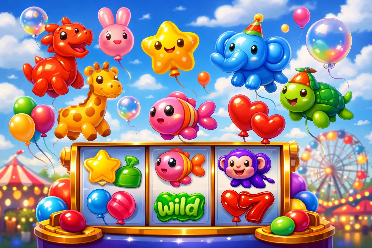 Colorful Balloons Floating In The Sky With Slot Machine Reels And Playful Symbols In The Foreground, Set Against A Festive Background.