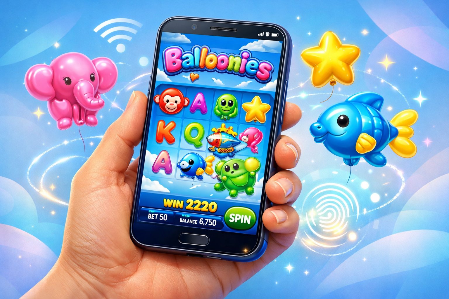 A Hand Holding A Smartphone Displaying Colorful BalloonThemed Slot Game Graphics With Digital Icons Indicating Mobile Connectivity.