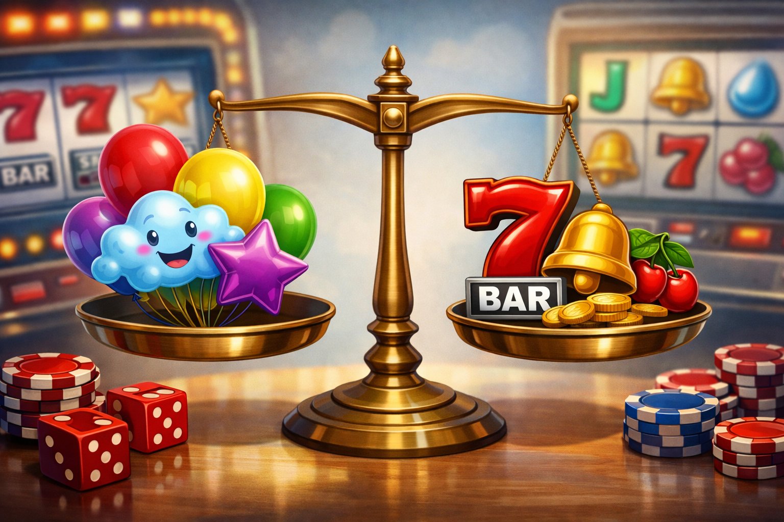 A Balanced Scale With Colorful Balloons On One Side And Slot Machine Symbols On The Other, Set Against A Background With Casino Elements.