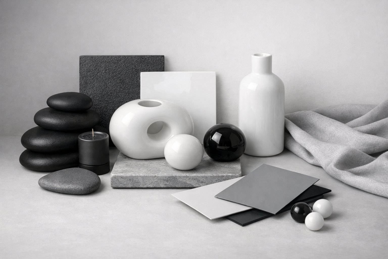 Razni predmeti u crnoj, bijeloj i sivoj boji složeni na neutralnoj pozadini.