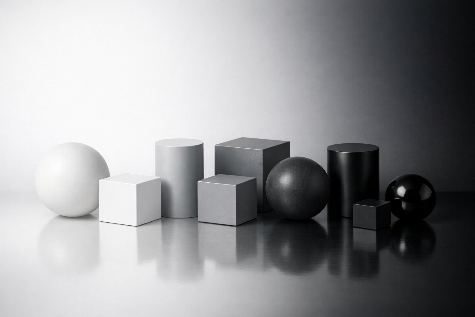 Skup geometrijskih oblika u nijansama crne, bijele i sive na jednostavnoj pozadini koja prikazuje osnovne karakteristike akromatskih boja.