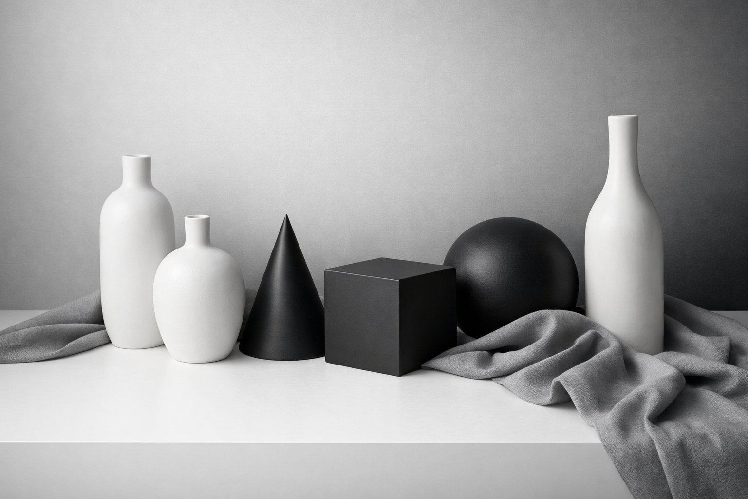 Skup bijelih, crnih i sivih predmeta na bijeloj površini s sivom pozadinom.