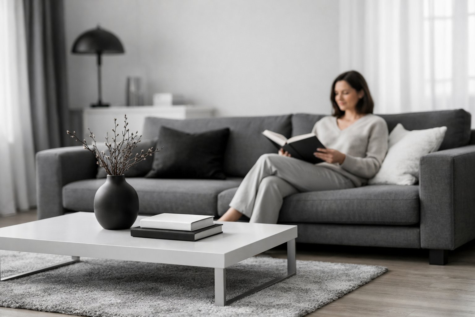 Moderno dnevni boravak u nijansama crne, bijele i sive boje s osobom koja sjedi na sofi i čita knjigu.